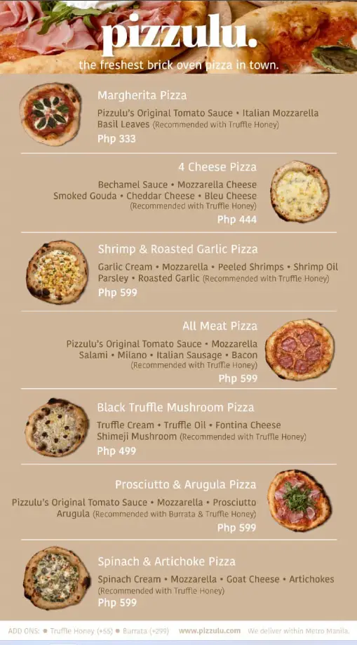 Pizzulu Menu Philippines Prices