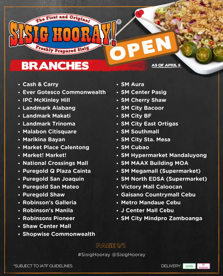 Sisig Hooray Menu Philippines