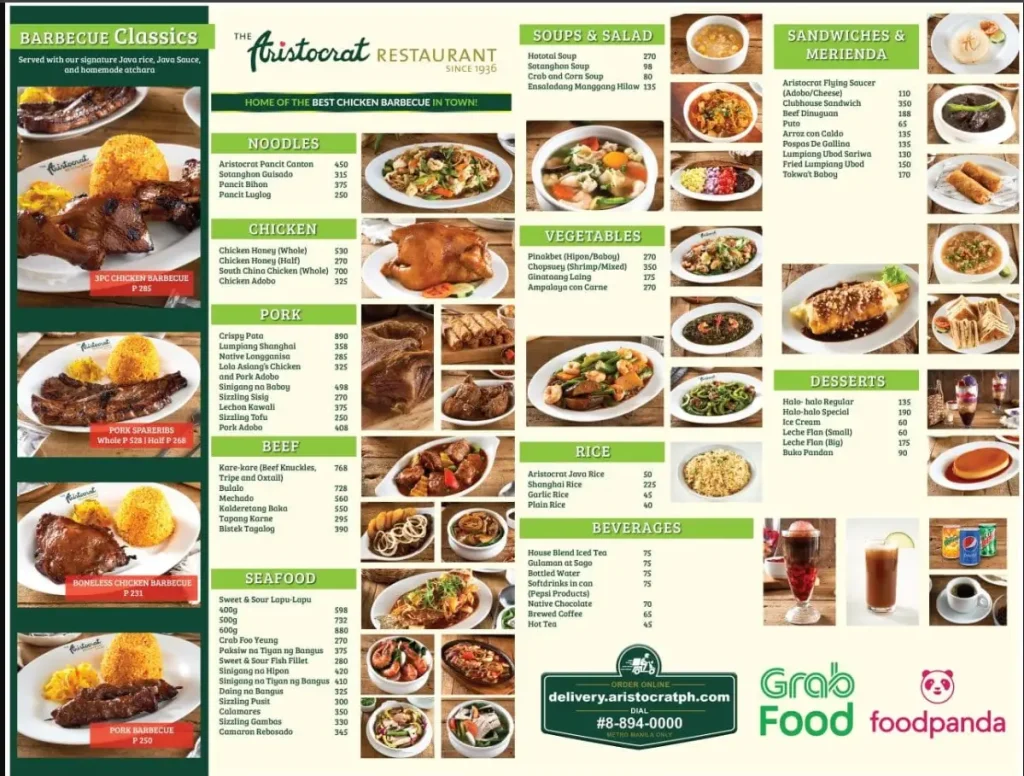 The Aristocrat Philippines Menu