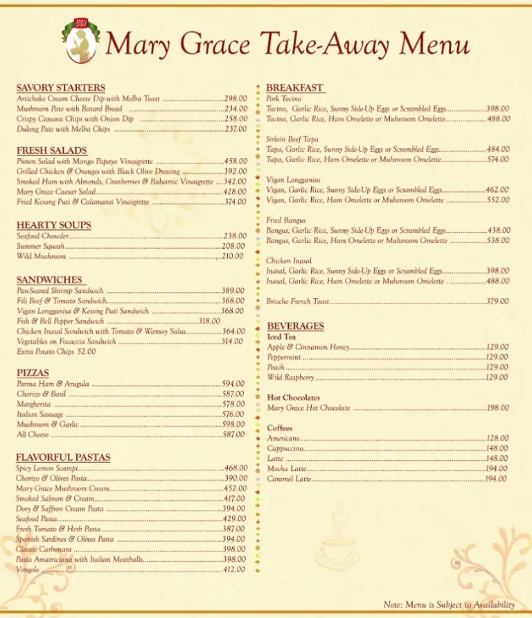 Mary Grace Philippines Menu