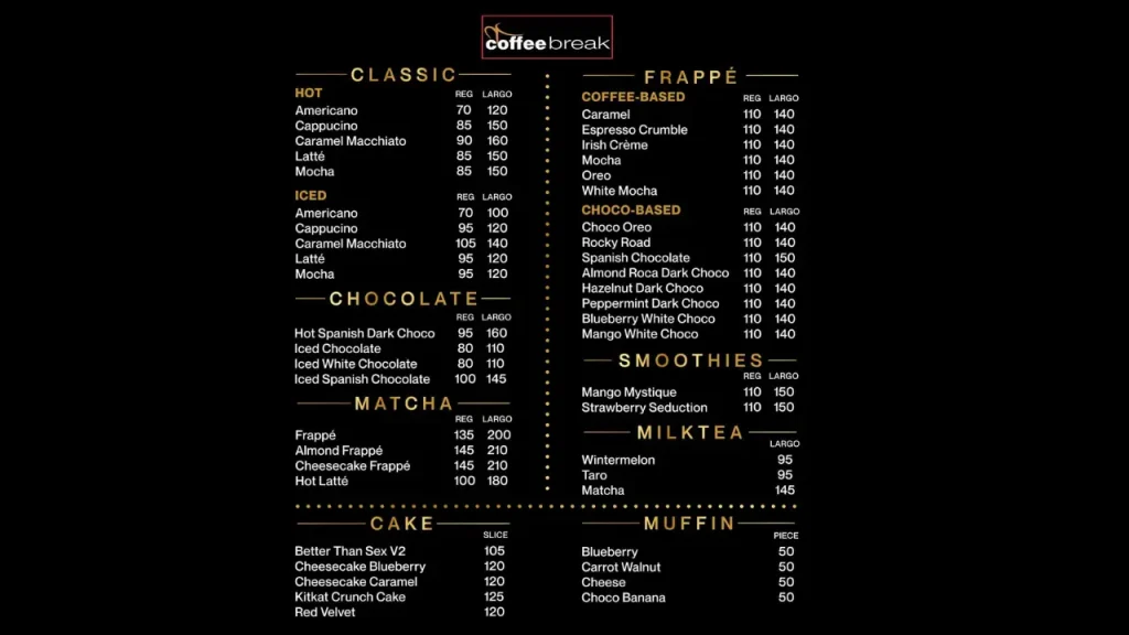 Popular Drinks Coffee Break Menu