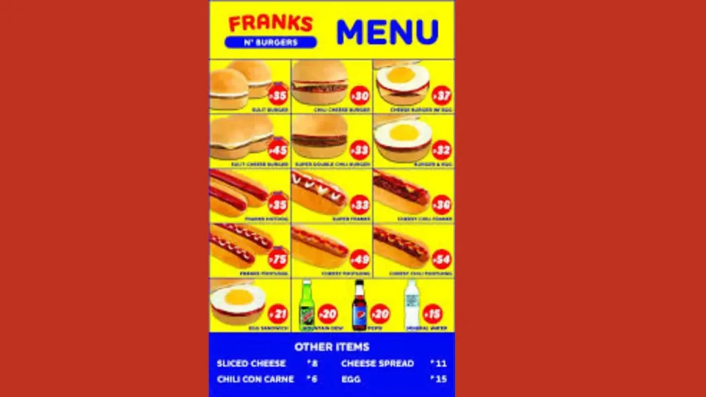 Core Items Franks Burger Menu